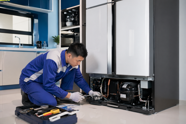 Kỹ thuật viên kiểm tra tủ lạnh Hitachi không lạnh tại nhà